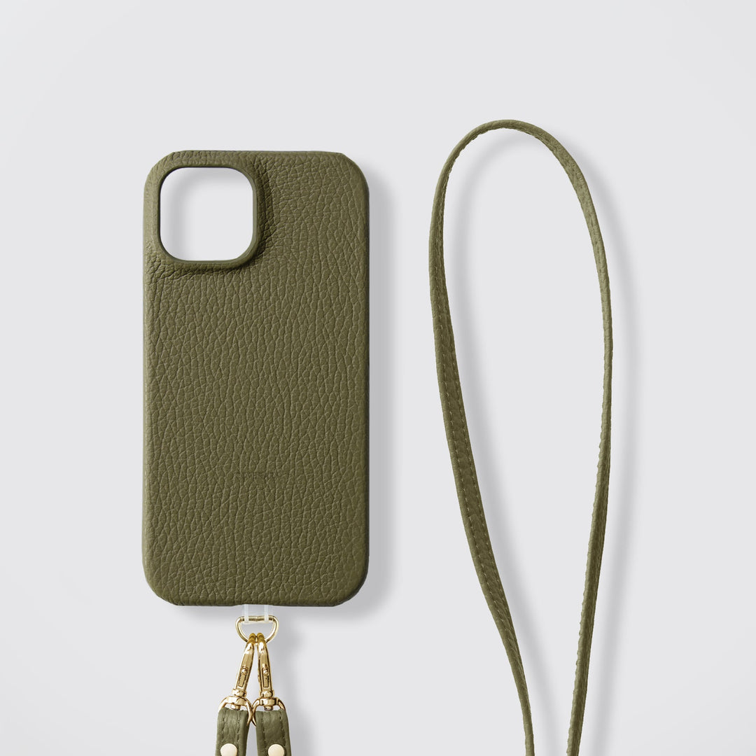 Étui arrière pour la série AQUOS avec bandoulière en cuir véritable italien, disponible en 32 couleurs, compatible MagSafe, et support en PVC