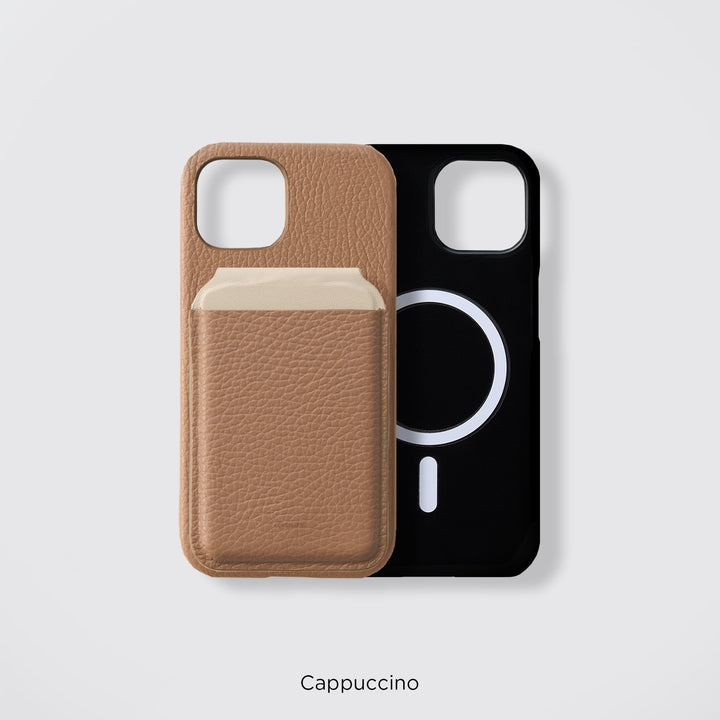 Coque arrière en cuir véritable compatible MagSafe, cuir italien grainé disponible en 32 couleurs, TPU antichoc, poche pour cartes, fonction support pour la gamme iPhone