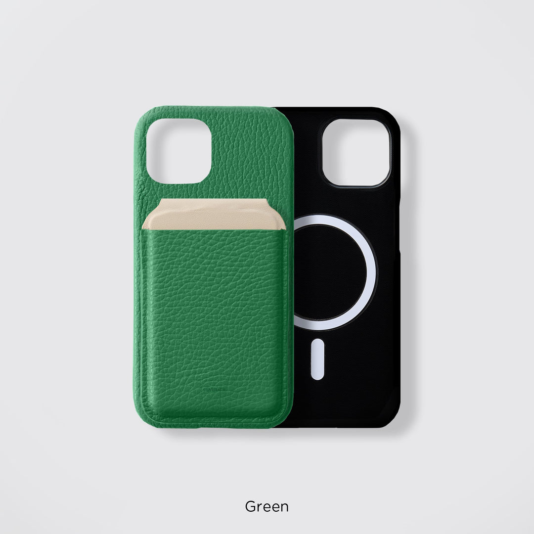 Coque arrière en cuir véritable compatible MagSafe, cuir italien grainé disponible en 32 couleurs, TPU antichoc, poche pour cartes, fonction support pour la gamme iPhone