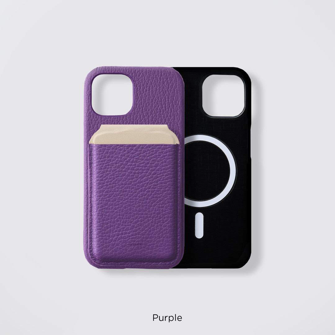Coque arrière en cuir véritable compatible MagSafe, cuir italien grainé disponible en 32 couleurs, TPU antichoc, poche pour cartes, fonction support pour la gamme iPhone