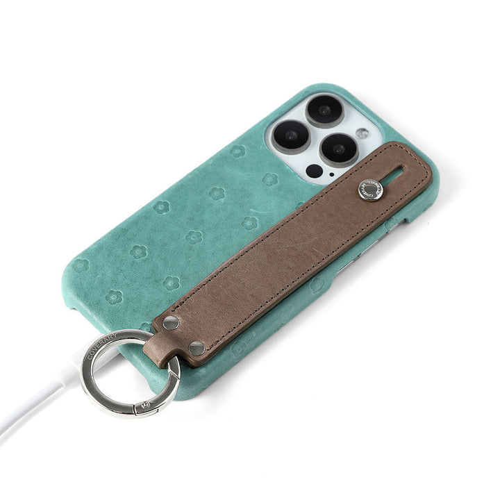 本革 ジャパンレザー モストロ 総柄型押し ハンドベルト付き 背面ケース iPhoneシリーズ
