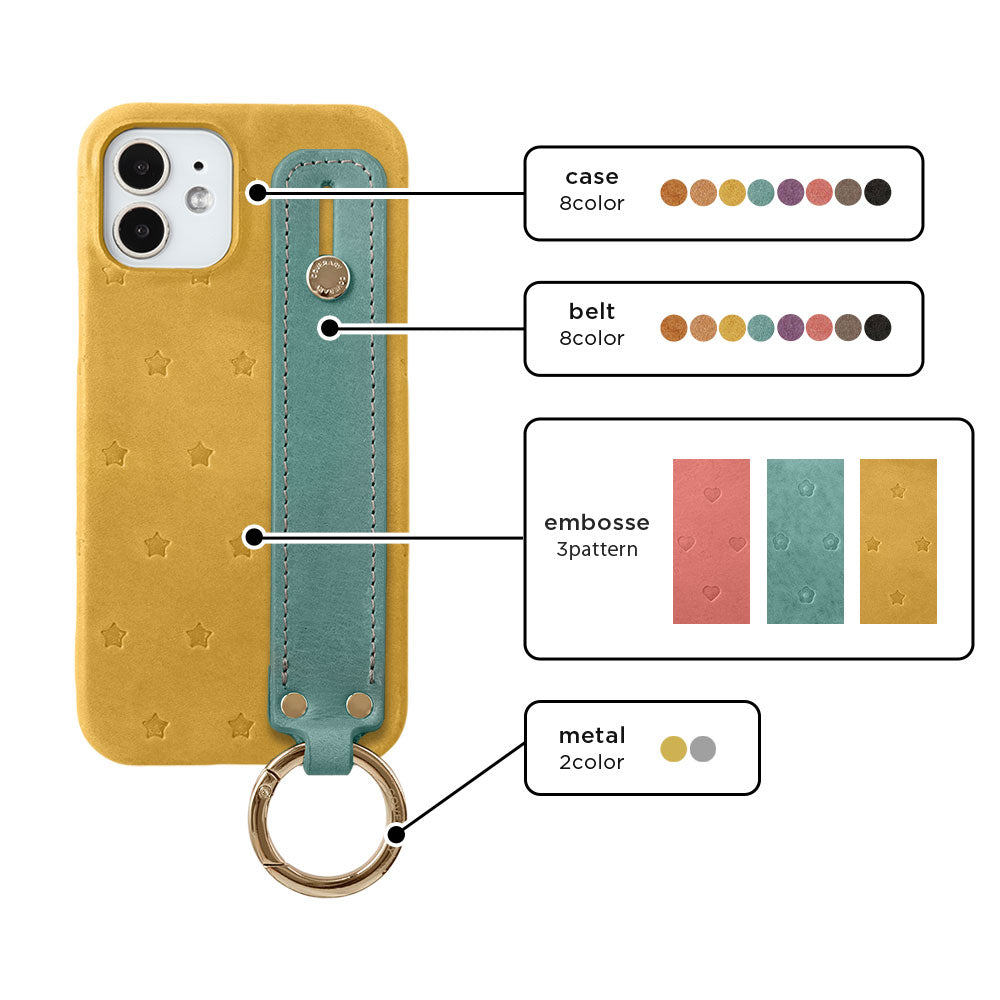 本革 ジャパンレザー モストロ 総柄型押し ハンドベルト付き 背面ケース iPhoneシリーズ