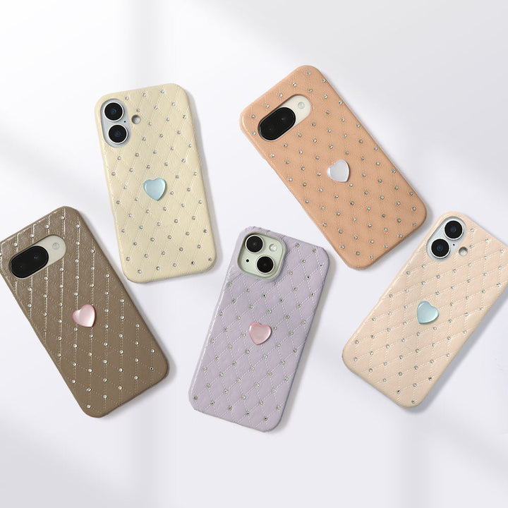 Genuine Leather Quilted Leather Heart Stone Decor Back Case for Xperia Series