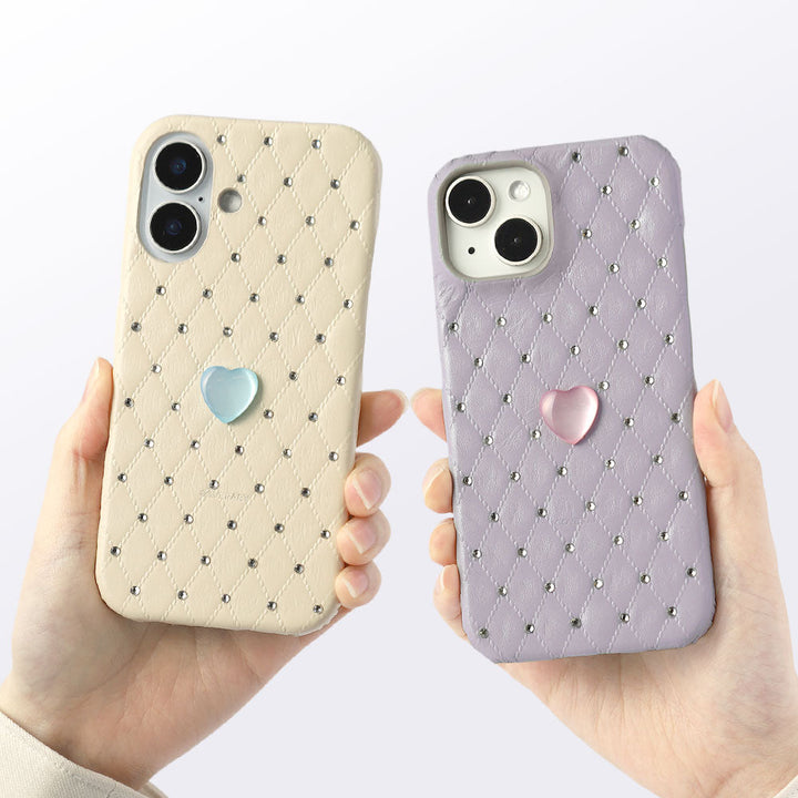 本革 キルティングレザー ハートストーンデコ 背面ケース iPhoneシリーズ