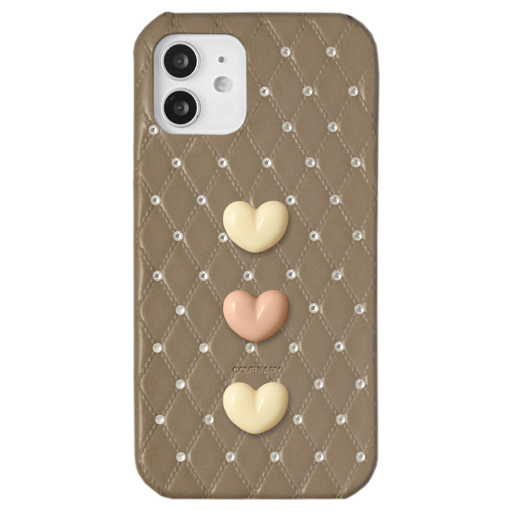 Genuine Leather Quilted Triple Heart Stone Decor Back Case for Xperia Series