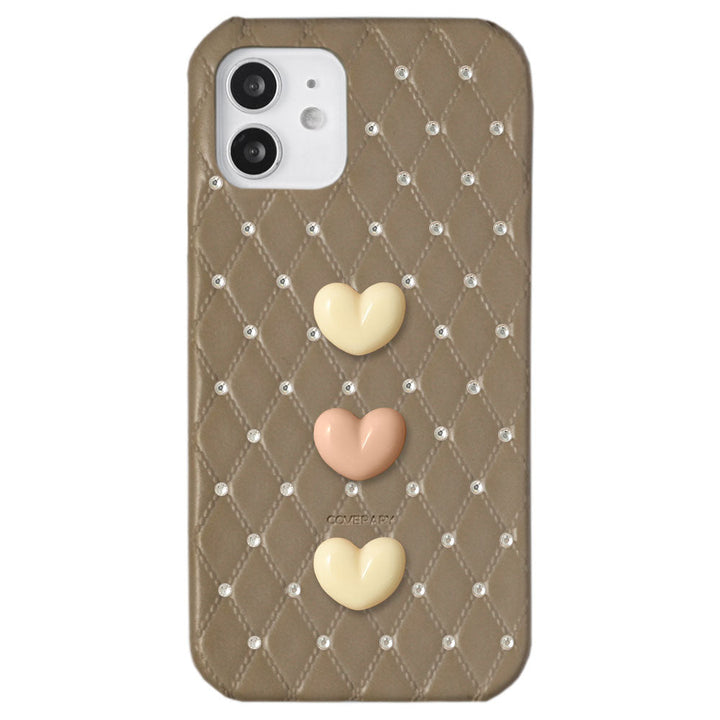 Genuine Leather Quilted Triple Heart Stone Decor Back Case for Xperia Series