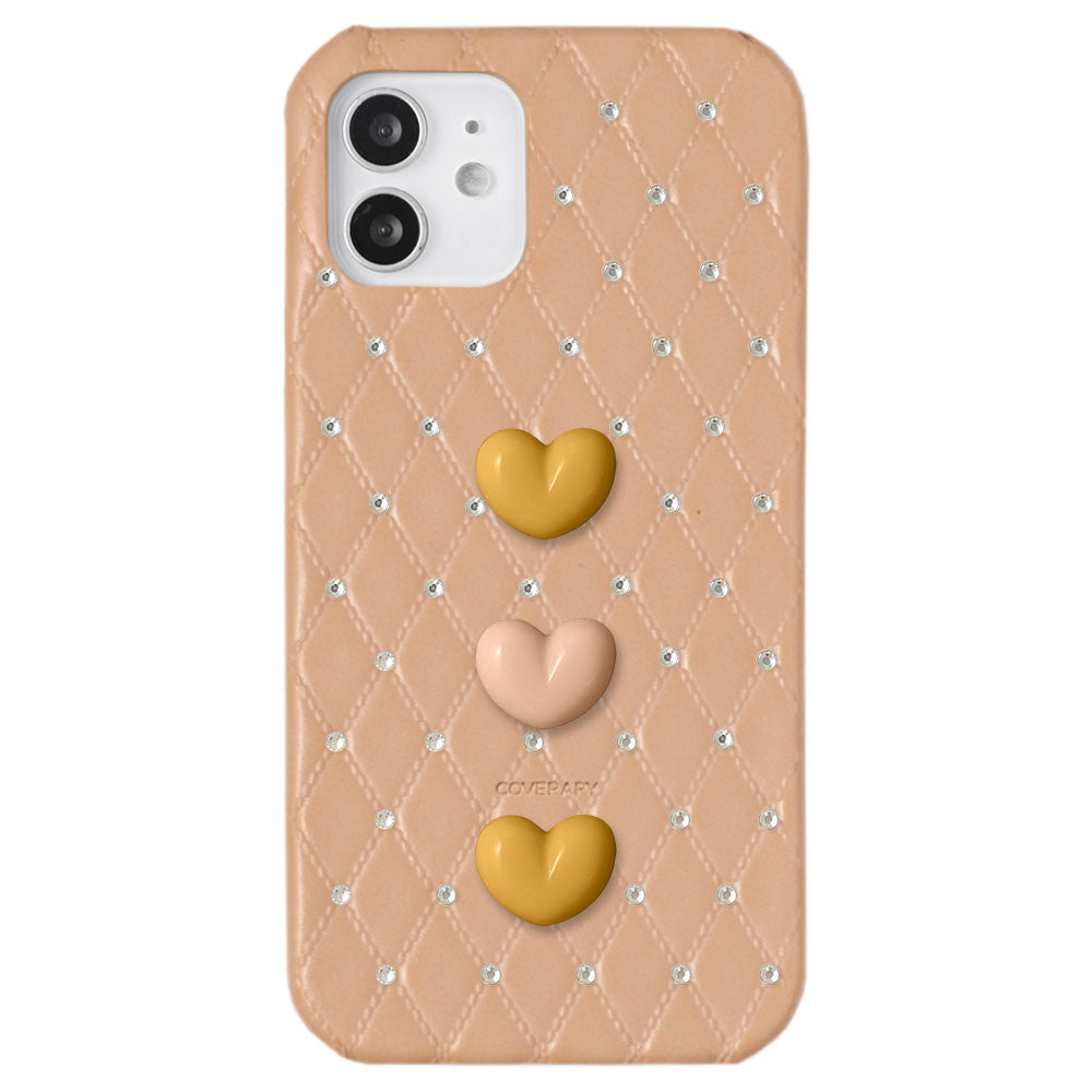 Genuine Leather Quilted Triple Heart Stone Decor Back Case for Xperia Series