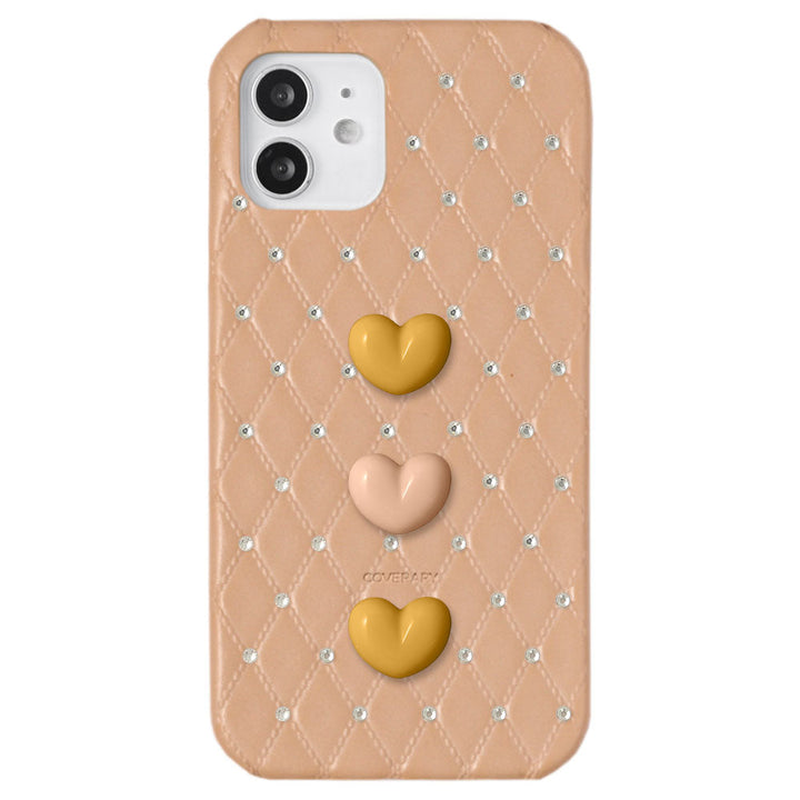 Genuine Leather Quilted Triple Heart Stone Decor Back Case for Xperia Series