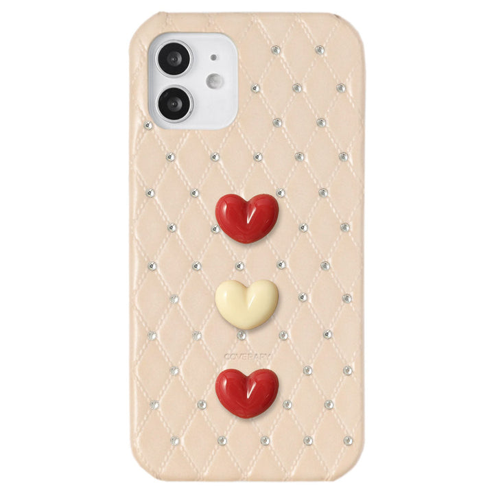 Genuine Leather Quilted Triple Heart Stone Decor Back Case for Xperia Series
