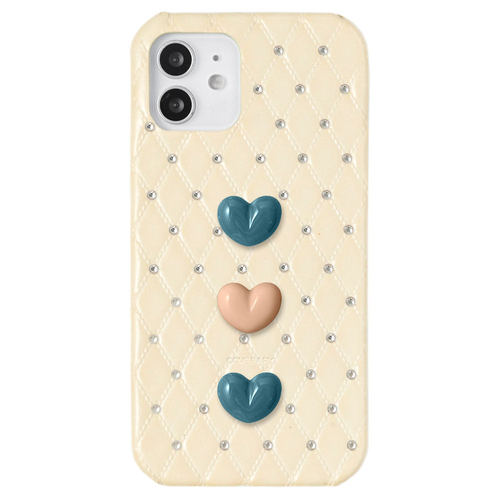 Genuine Leather Quilted Triple Heart Stone Decor Back Case for Xperia Series
