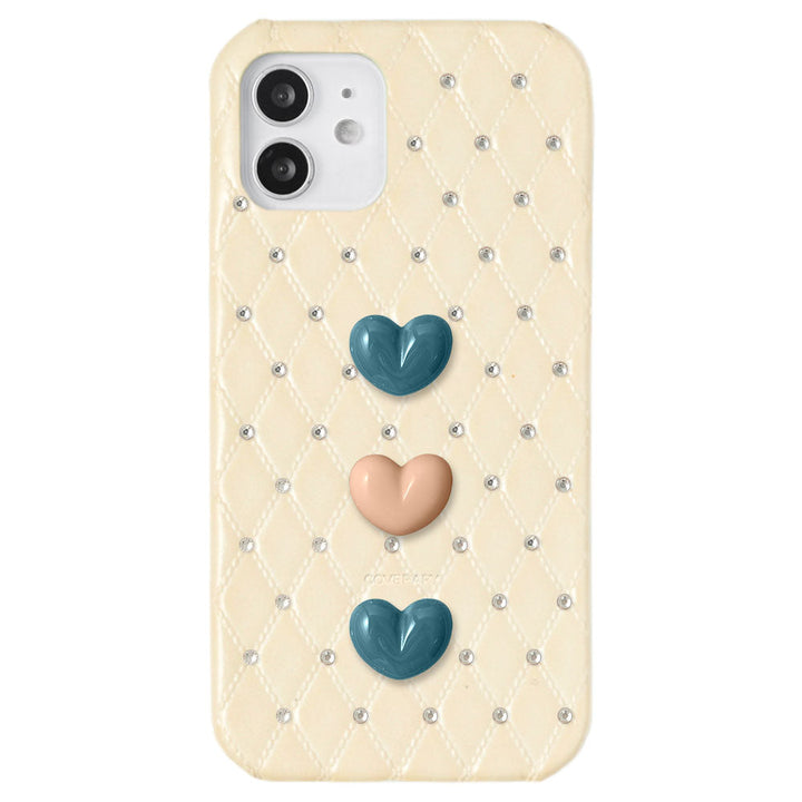 Genuine Leather Quilted Triple Heart Stone Decor Back Case for Xperia Series