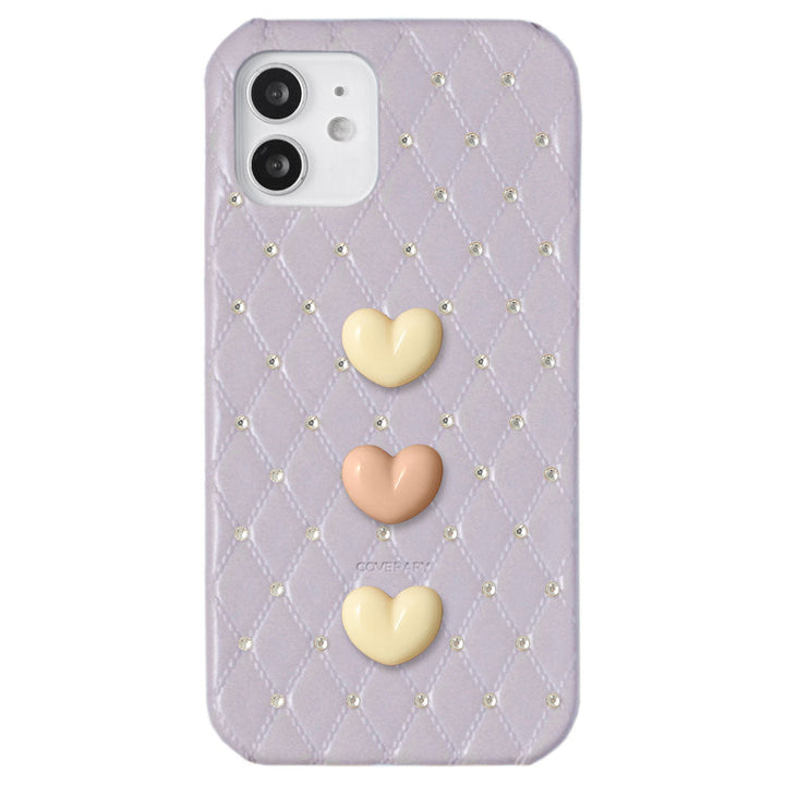 本革 キルティングレザー トリプルハートストーンデコ 背面ケース iPhoneシリーズ