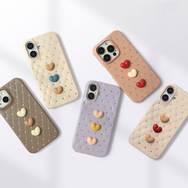 Genuine Leather Quilted Triple Heart Stone Decor Back Case for Xperia Series