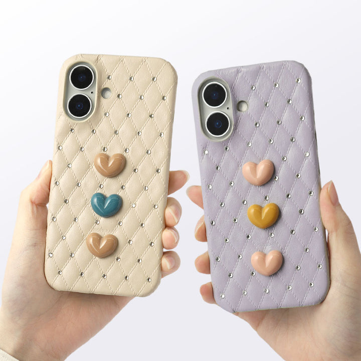 本革 キルティングレザー トリプルハートストーンデコ 背面ケース Galaxyシリーズ