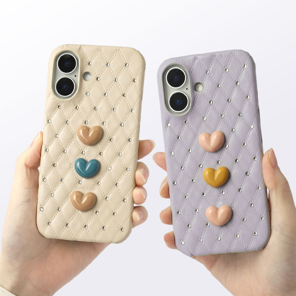 本革 キルティングレザー トリプルハートストーンデコ 背面ケース Google Pixelシリーズ