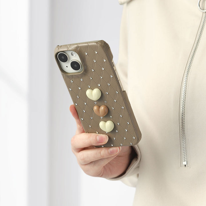 Genuine Leather Quilted Triple Heart Stone Decor Back Case for Xperia Series