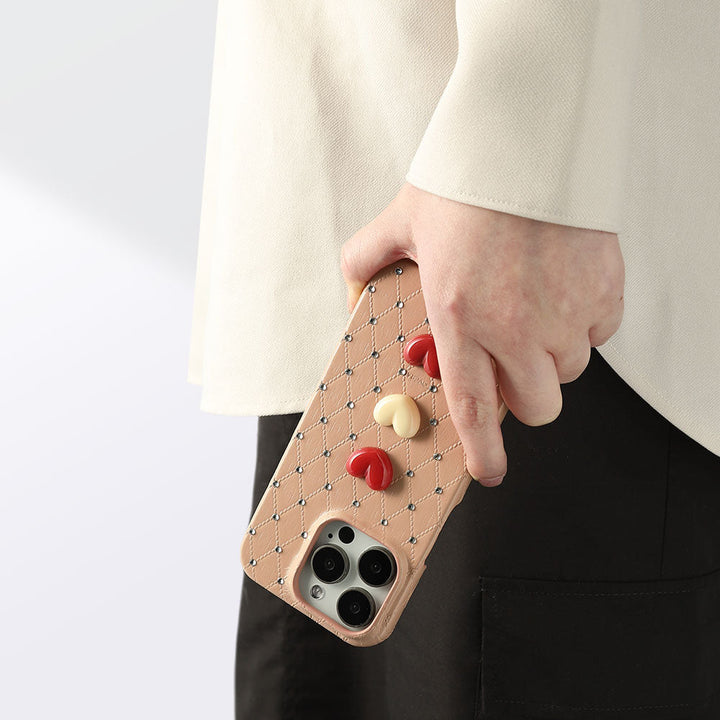 Genuine Leather Quilted Triple Heart Stone Decor Back Case for Xperia Series