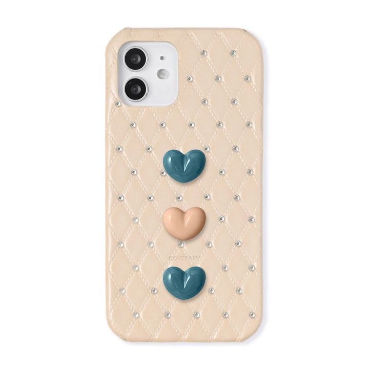 Genuine Leather Quilted Triple Heart Stone Decor Back Case for Xperia Series