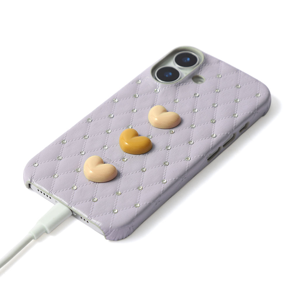 Genuine Leather Quilted Triple Heart Stone Decor Back Case for Xperia Series