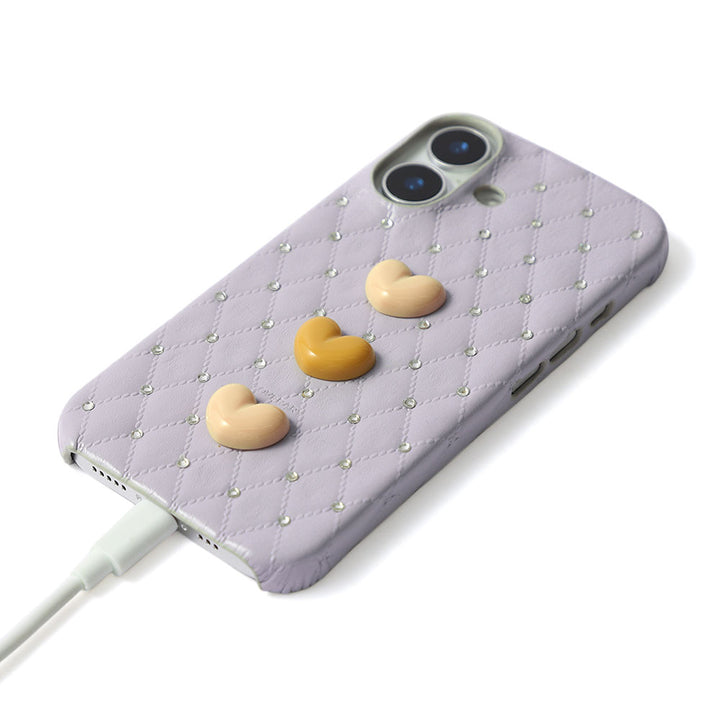 Genuine Leather Quilted Triple Heart Stone Decor Back Case for Xperia Series