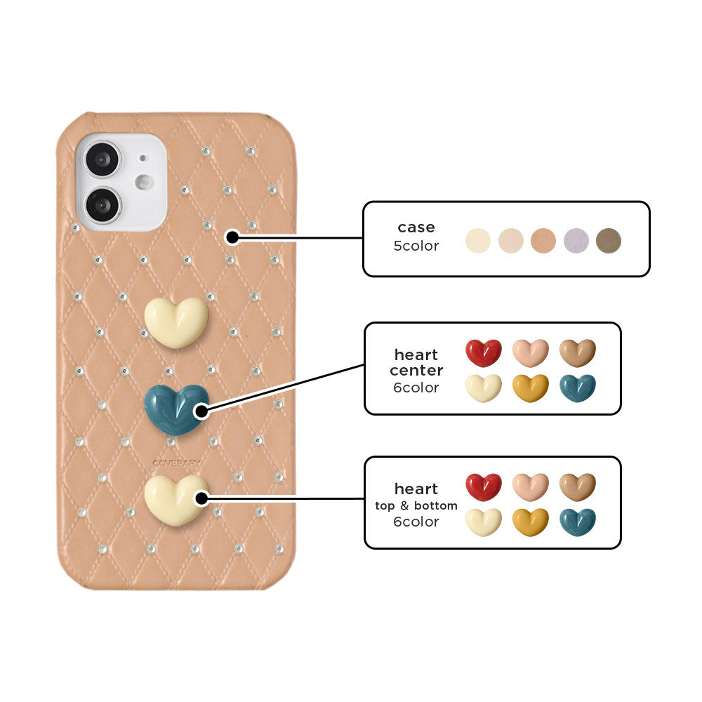 Genuine Leather Quilted Triple Heart Stone Decor Back Case for Xperia Series