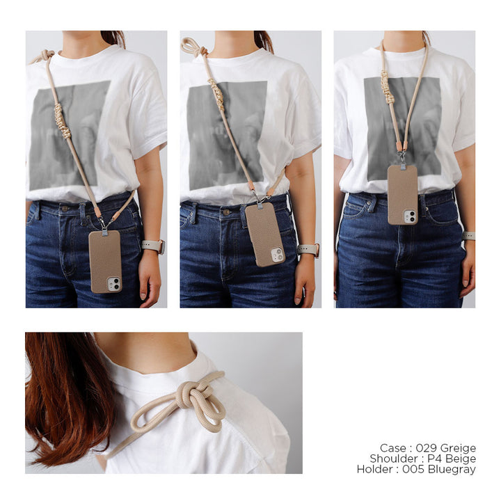 Ensemble porte-carte en cuir italien grainé 32 couleurs avec sangle d'épaule en corde de 8 mm et coque arrière