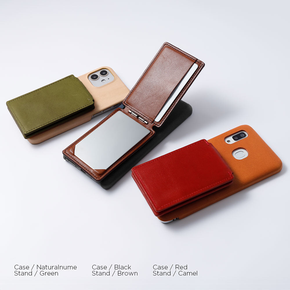 Genuine Leather Tochigi Leather Magsafe Compatible Rotating Stand Mirror with Card Case Back Case for iPhone Series