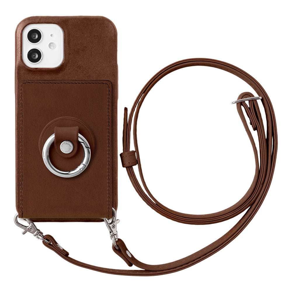 Étui arrière en cuir véritable Tochi Leather avec miroir, anneau pour téléphone et sangle d'épaule