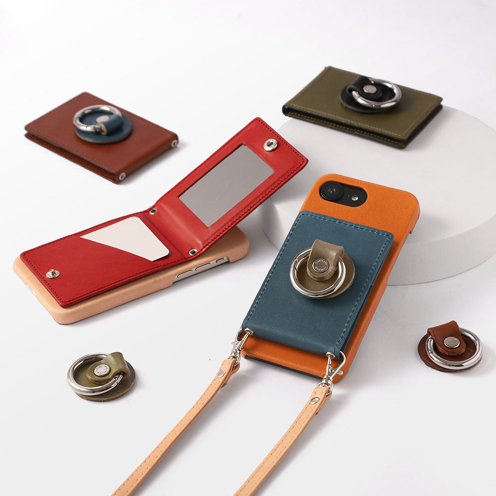 本革 栃木レザー ミラー＆スマホリング＆ショルダーストラップ付き 背面ケース iPhoneシリーズ