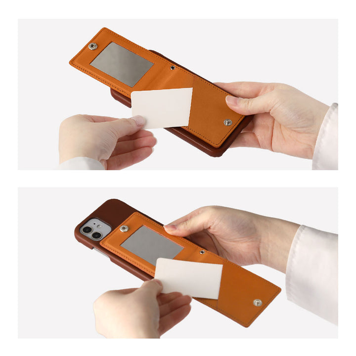 Étui arrière en cuir véritable Tochi Leather avec miroir, anneau pour téléphone et sangle d'épaule