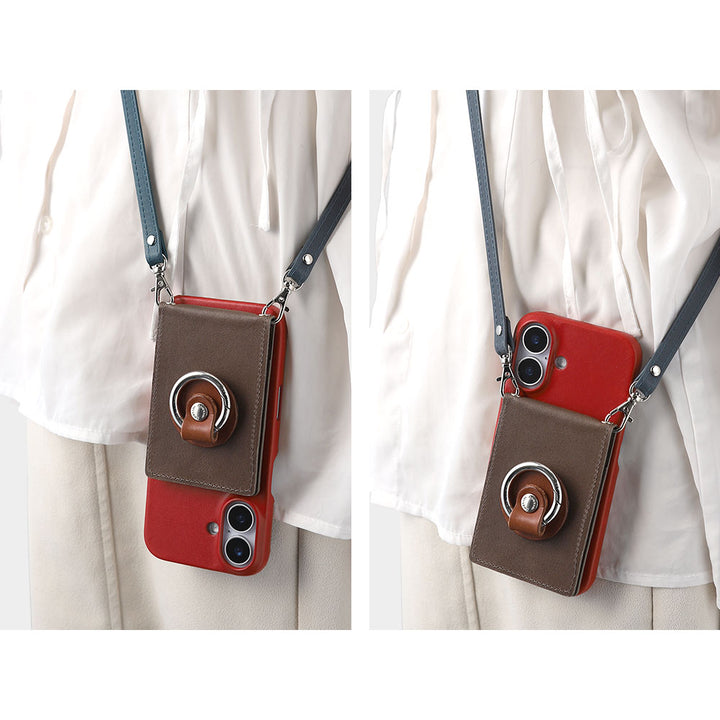 Étui arrière en cuir véritable Tochi Leather avec miroir, anneau pour téléphone et sangle d'épaule