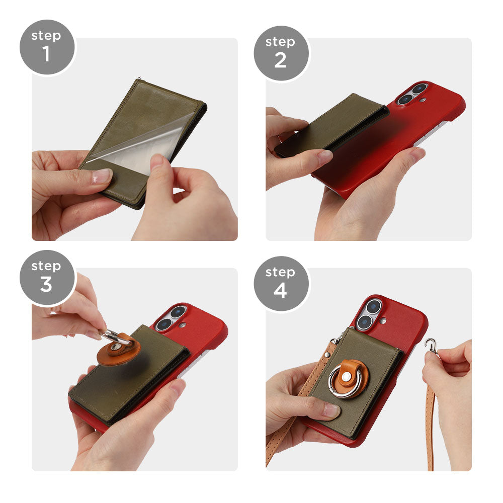 本革 栃木レザー ミラー＆スマホリング＆ショルダーストラップ付き 背面ケース iPhoneシリーズ