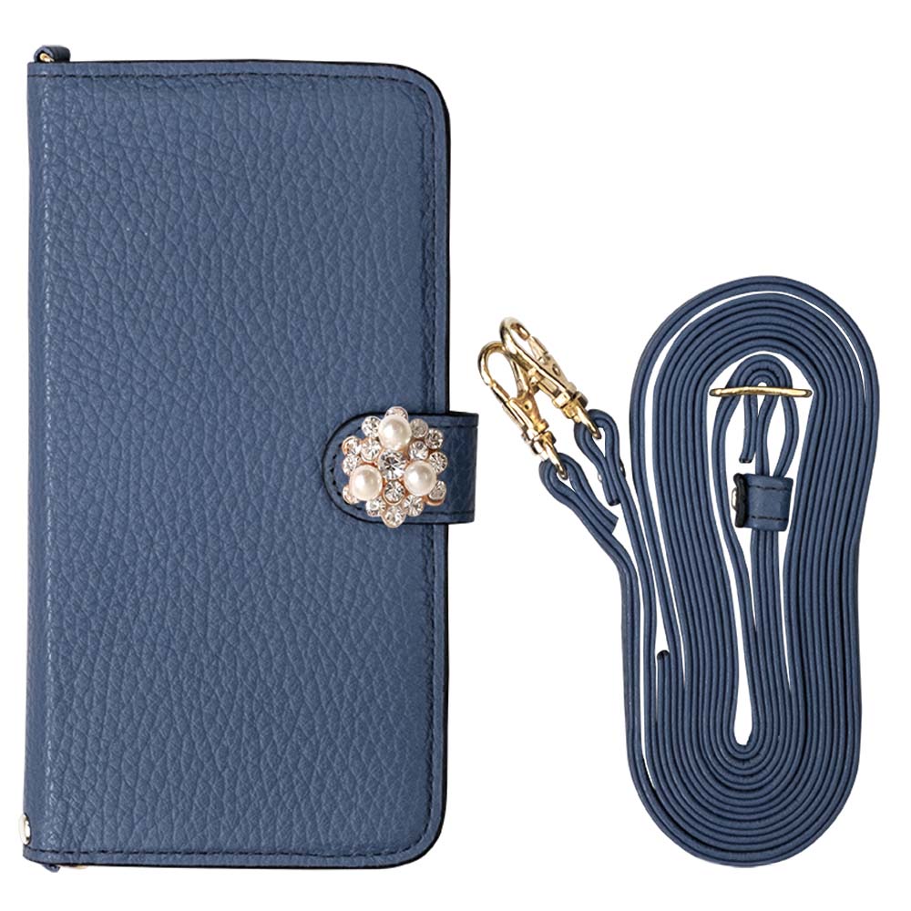 Genuine leather 32 colors Italian shrink leather with shoulder strap Crystal pearl decoration notebook-style case (with belt) AQUOS series