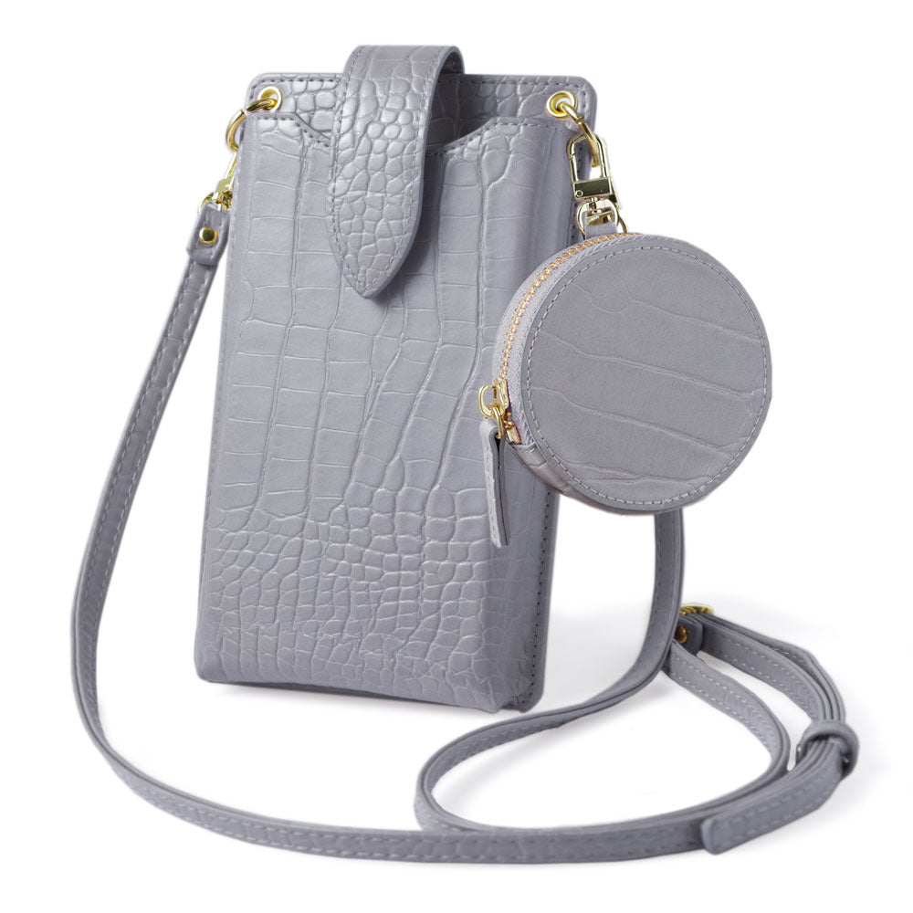 Vegan leather smartphone pouch & round pouch set, crocodile pattern, pastel, with shoulder strap
