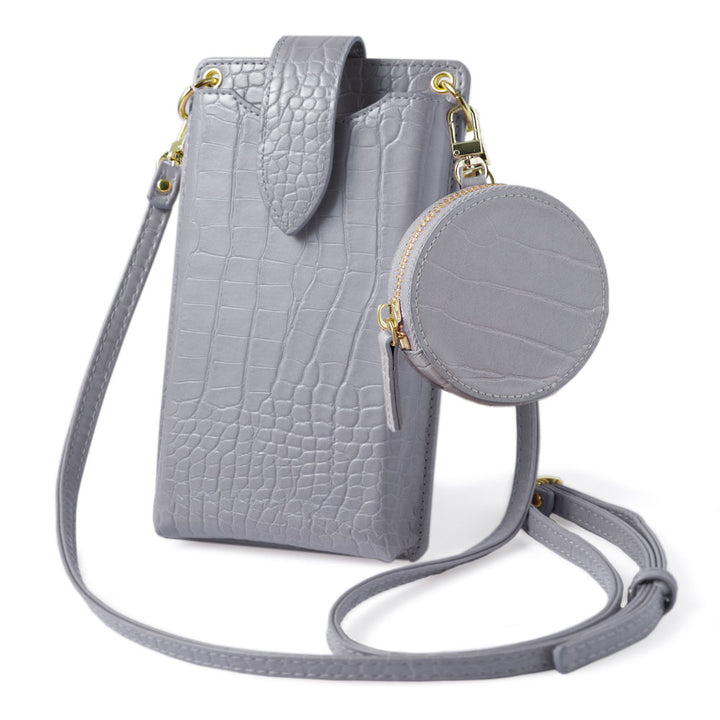 Vegan leather smartphone pouch & round pouch set, crocodile pattern, pastel, with shoulder strap