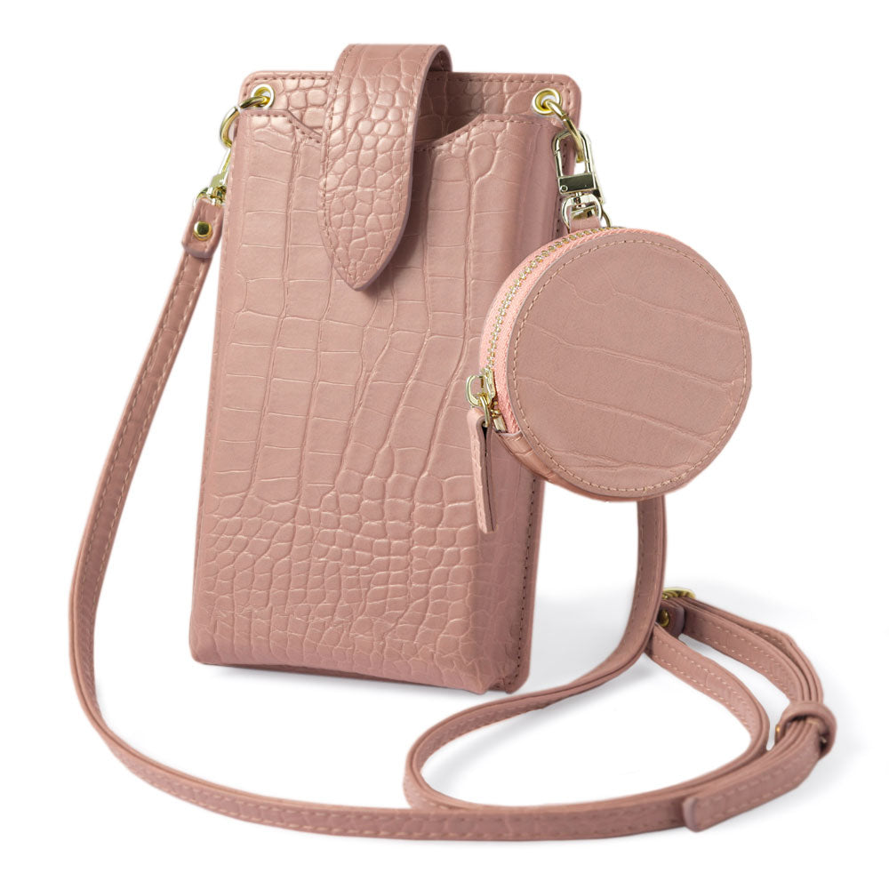 Vegan leather smartphone pouch & round pouch set, crocodile pattern, pastel, with shoulder strap