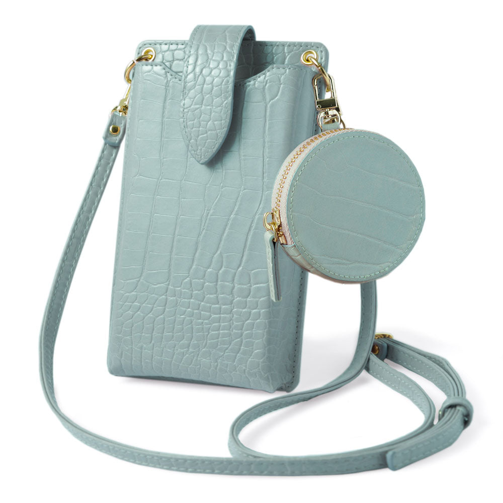 Vegan leather smartphone pouch & round pouch set, crocodile pattern, pastel, with shoulder strap