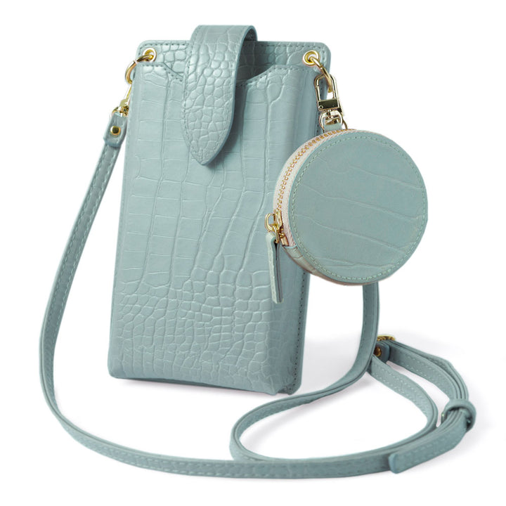 Vegan leather smartphone pouch & round pouch set, crocodile pattern, pastel, with shoulder strap