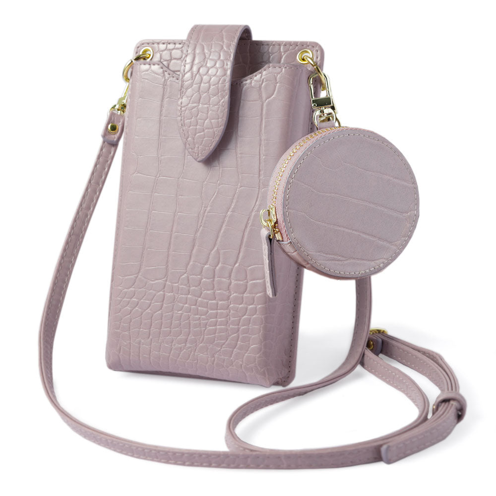 Vegan leather smartphone pouch & round pouch set, crocodile pattern, pastel, with shoulder strap