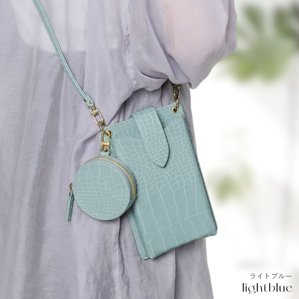 Vegan leather smartphone pouch & round pouch set, crocodile pattern, pastel, with shoulder strap