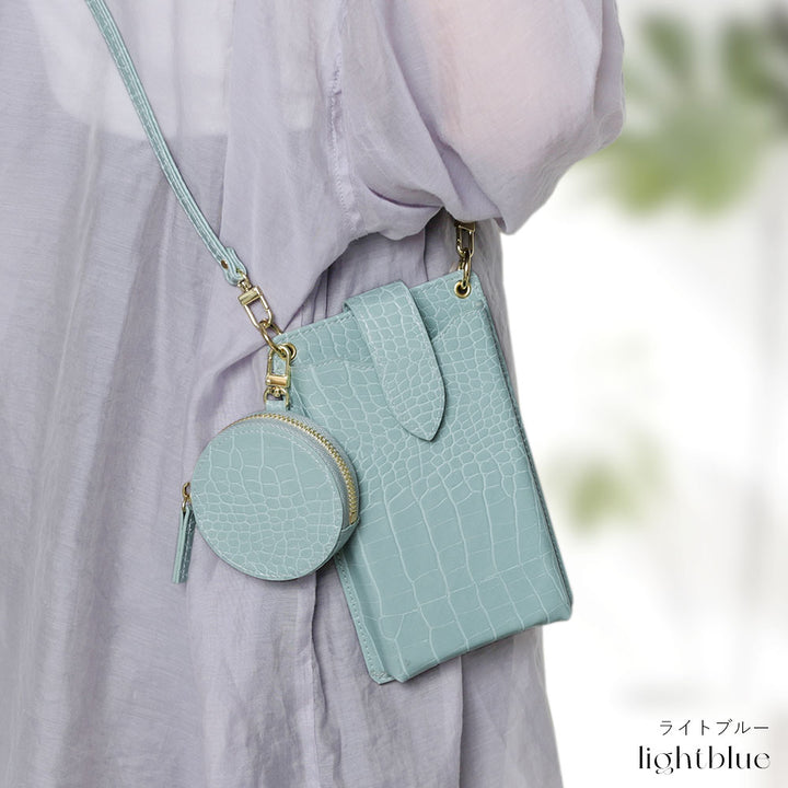 Vegan leather smartphone pouch & round pouch set, crocodile pattern, pastel, with shoulder strap
