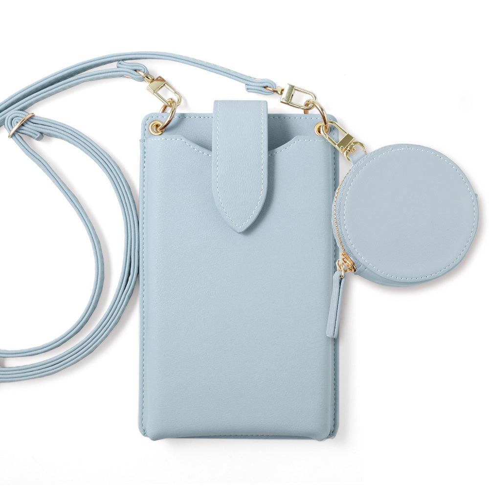 Vegan Leather Smartphone Pouch & Selectable Mini Pouch Set Dusty Pastel Color Smooth Leather Texture With Shoulder Strap