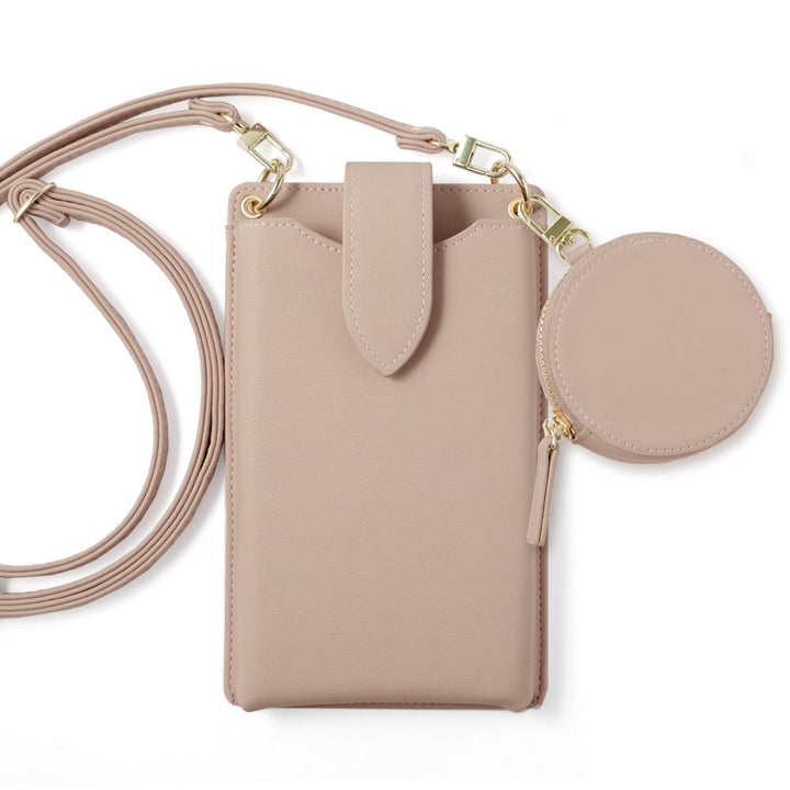 Vegan Leather Smartphone Pouch & Selectable Mini Pouch Set Dusty Pastel Color Smooth Leather Texture With Shoulder Strap
