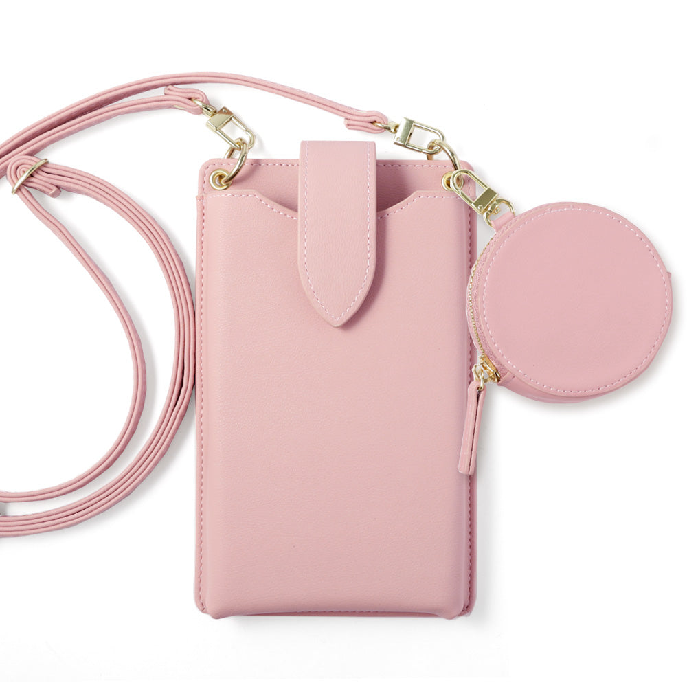 Vegan Leather Smartphone Pouch & Selectable Mini Pouch Set Dusty Pastel Color Smooth Leather Texture With Shoulder Strap