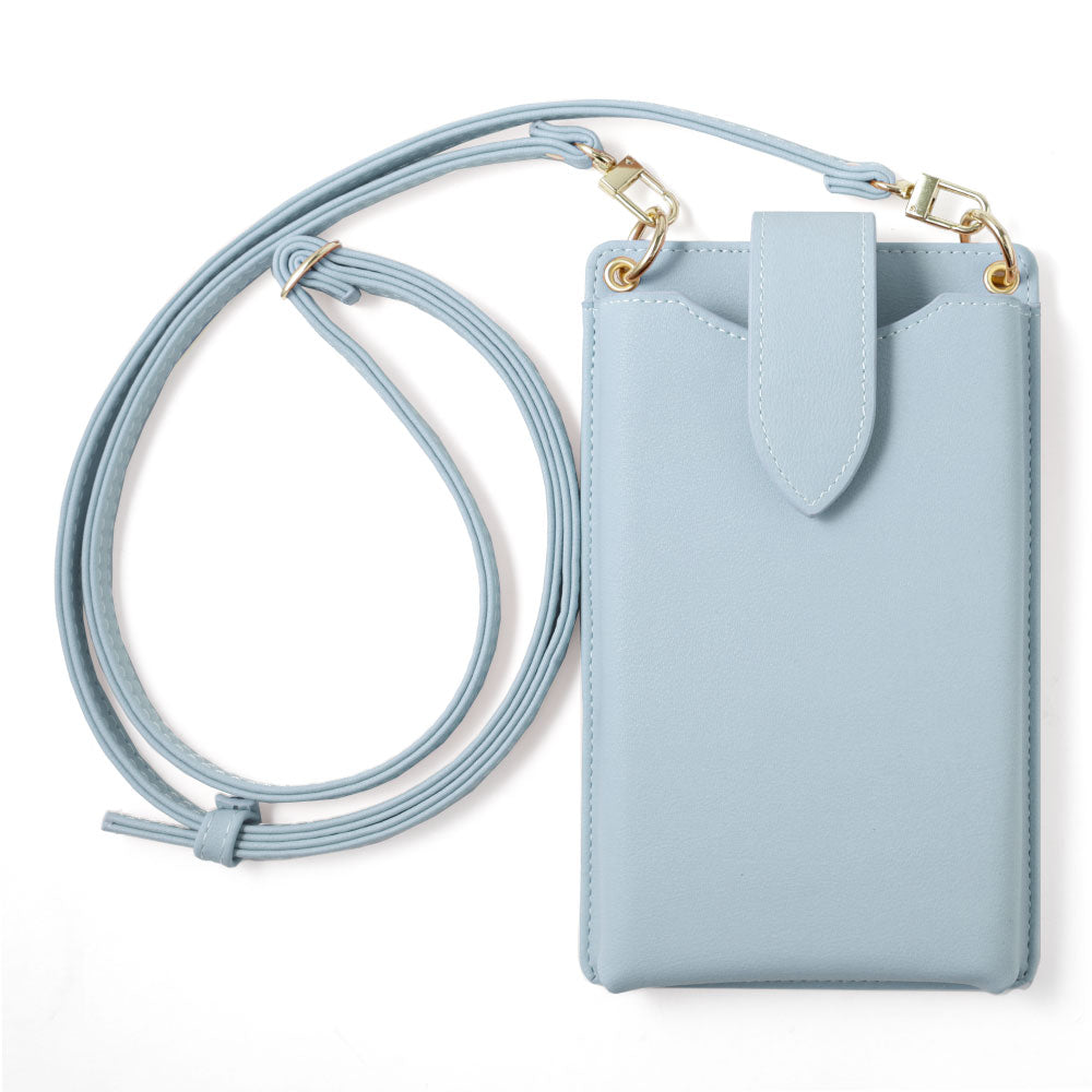 ヴィーガンレザー スマホポーチ くすみパステルカラー スムースレザー調 ショルダーストラップ付き