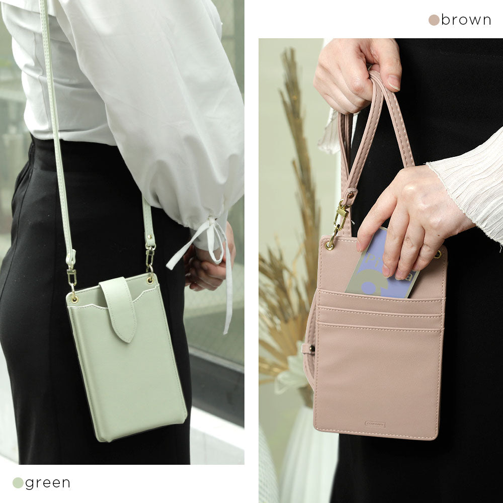 ヴィーガンレザー スマホポーチ くすみパステルカラー スムースレザー調 ショルダーストラップ付き