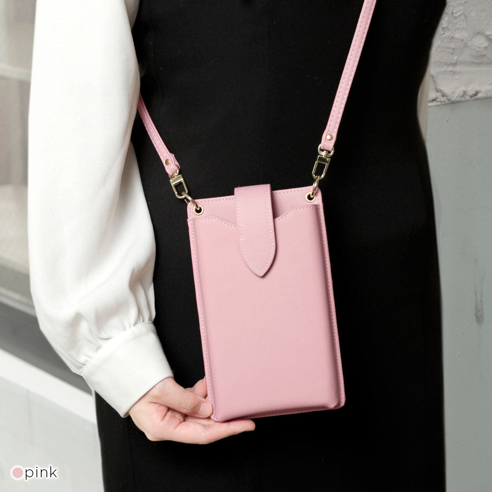 ヴィーガンレザー スマホポーチ くすみパステルカラー スムースレザー調 ショルダーストラップ付き