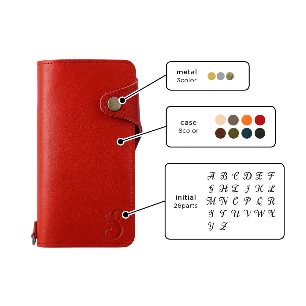 本革 栃木レザー カード収納 イニシャル 手帳型ケース（ベルトあり）iPhoneシリーズ