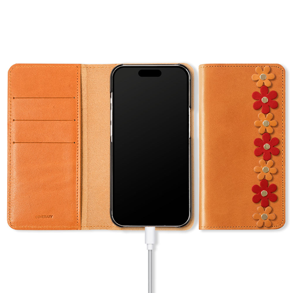 Étui portefeuille en cuir véritable en cuir Tochigi avec rangement pour cartes et motif floral pour la série Google Pixel