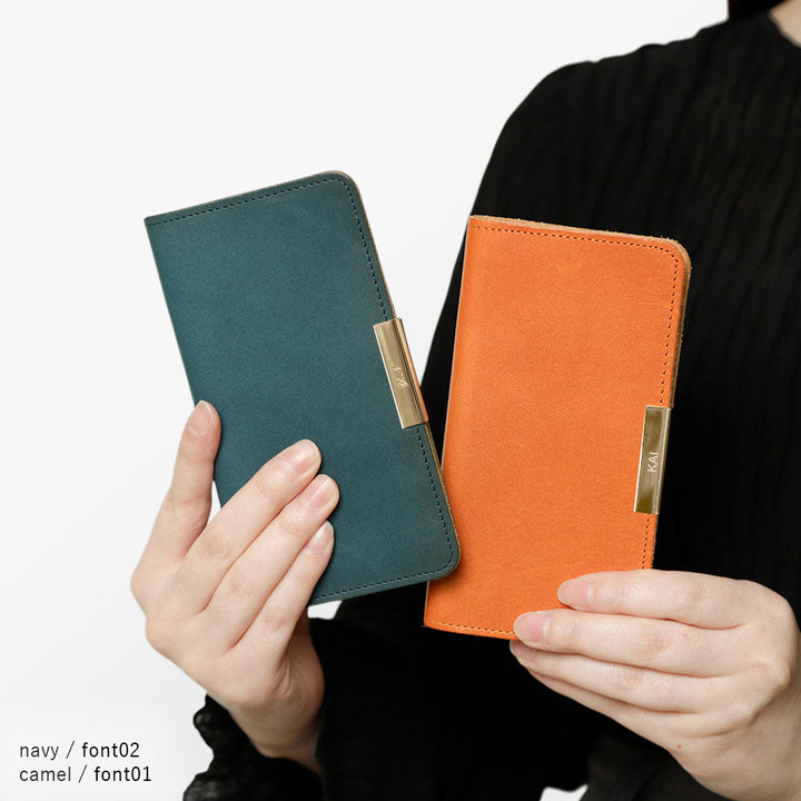 Étui portefeuille en cuir véritable en cuir Tochigi avec rangement pour cartes, nom imprimé, décoration cadre doré pour la série AQUOS